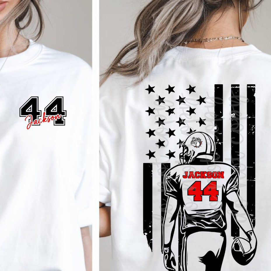 Custom Football Flag and Pocket Top mockup showing the front and back design.