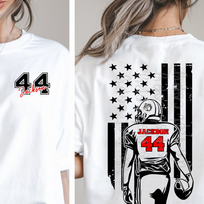 Custom Football Flag and Pocket Top mockup showing the front and back design.