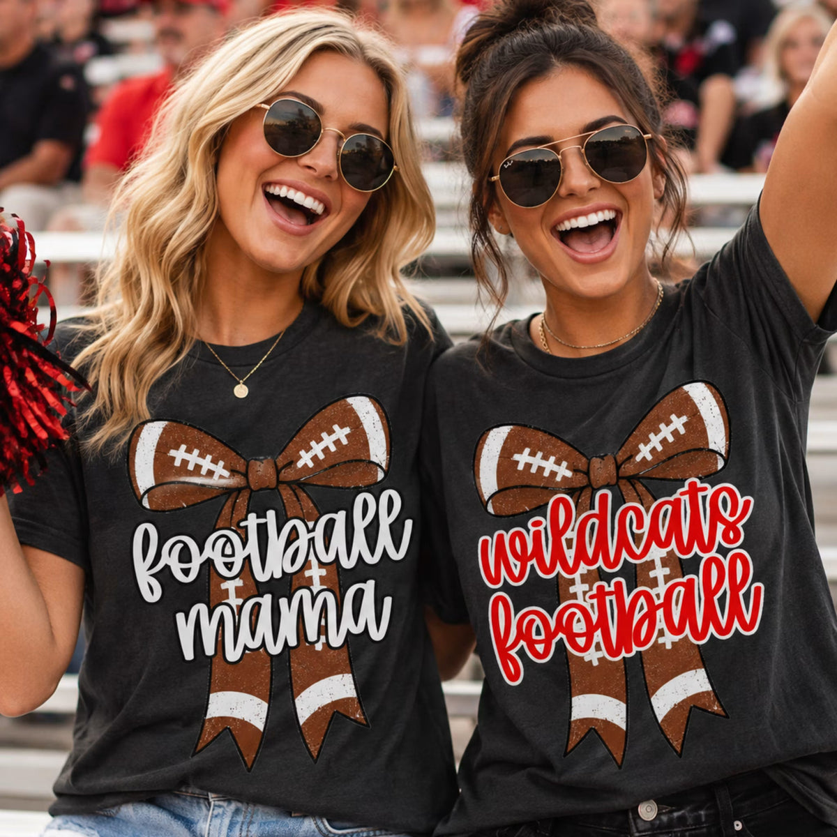 Custom Football Mama Bow Top mockup showing the pictured apparel design.