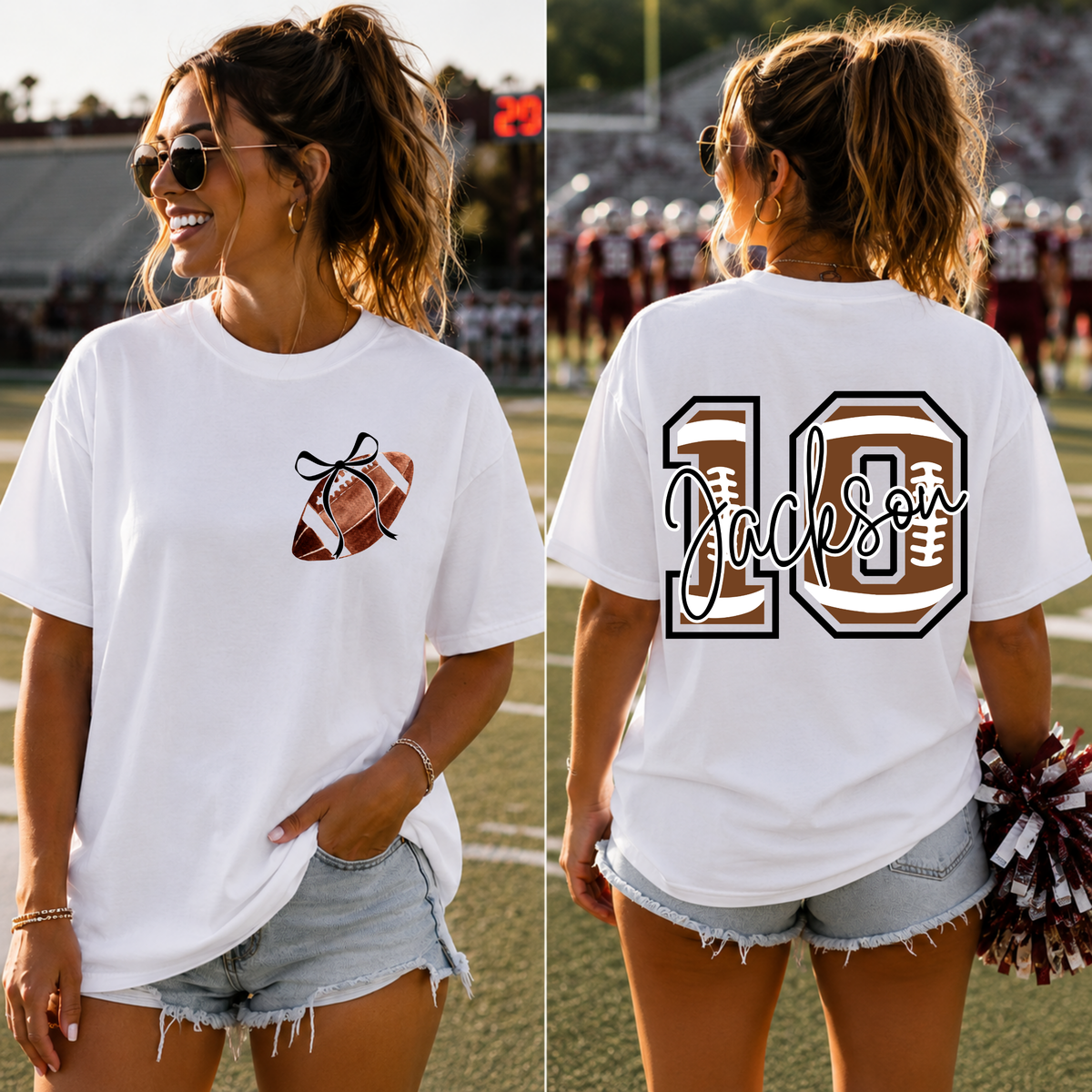 Custom Football Numbers Top mockup showing the front and back design.