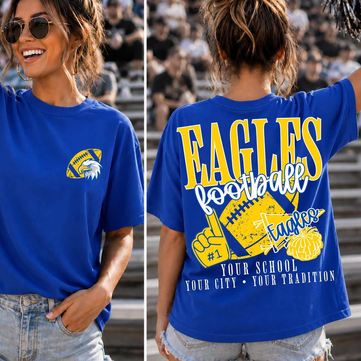 Custom Football School Spirit Mascot Top mockup showing the front and back design.