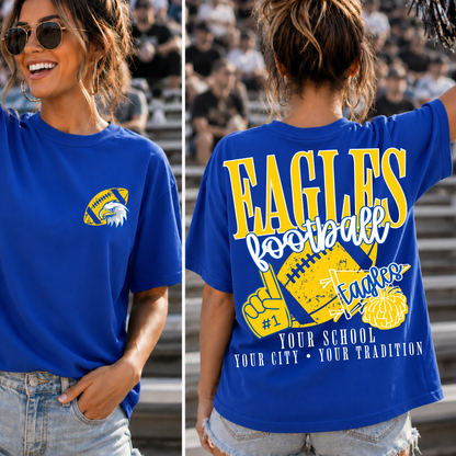 Custom Football School Spirit Mascot Top mockup showing the front and back design.