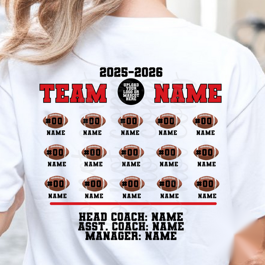 Custom Football Team Name Roster Top mockup showing the pictured apparel design.