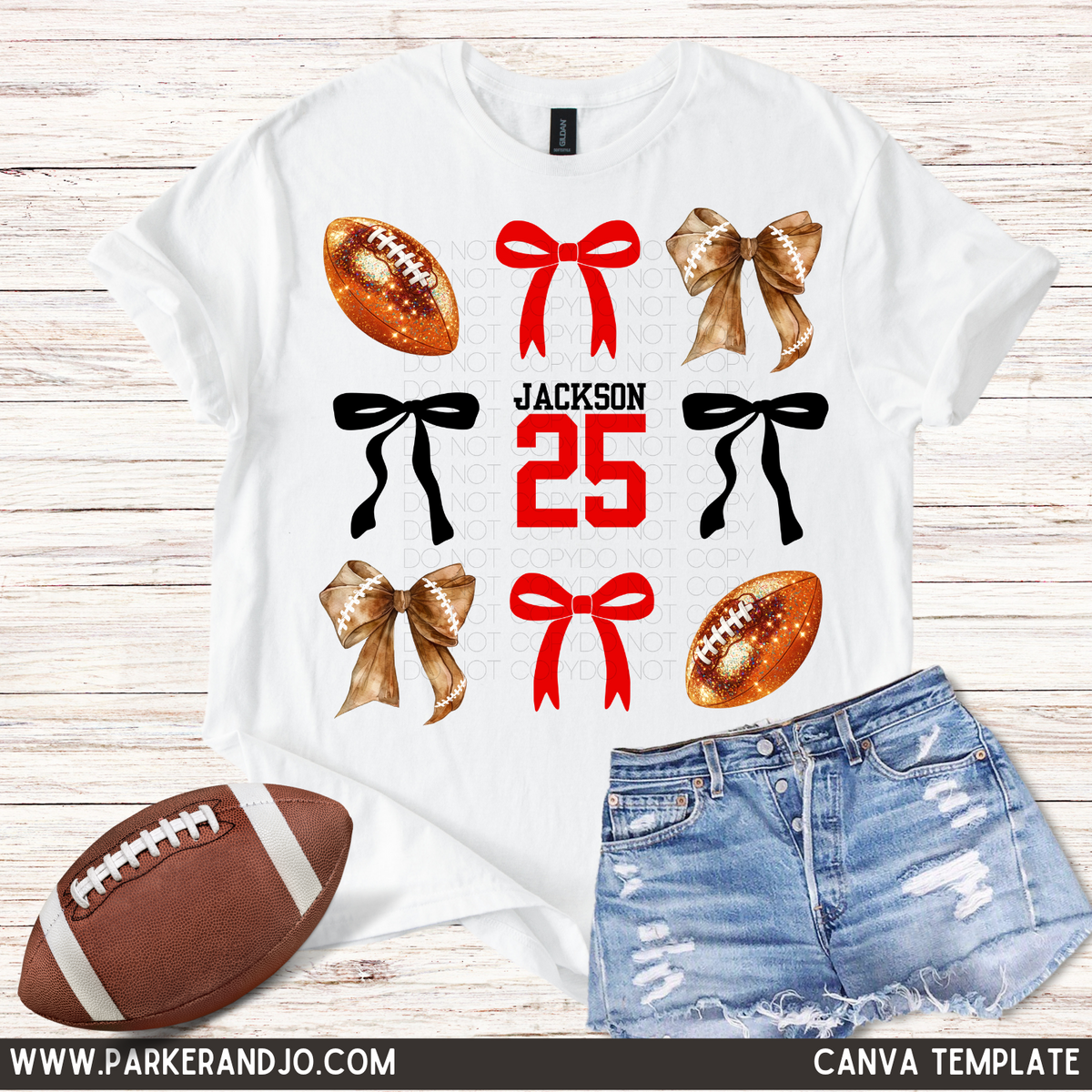 Custom Footballs And Bows Top mockup showing the pictured apparel design.