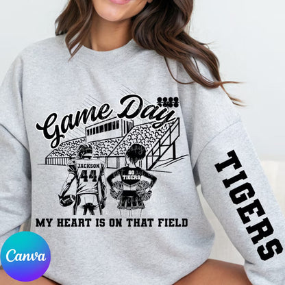 Custom Game Day Bleachers Football Cheerleader With Bun Top mockup showing the chest design and sleeve lettering.