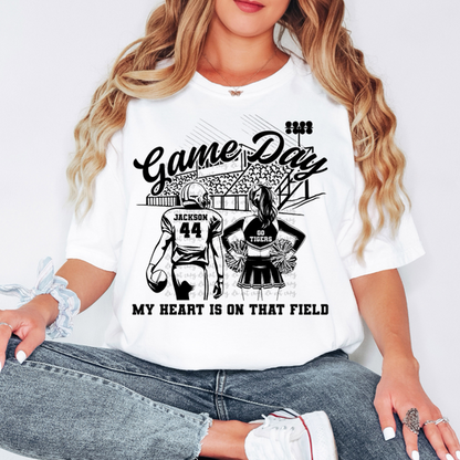 Custom Game Day Cheer And Football Bleachers Top mockup showing the pictured apparel design.