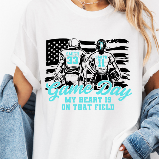 Custom Girl Flag Football And Football Boy Top mockup showing the pictured apparel design.