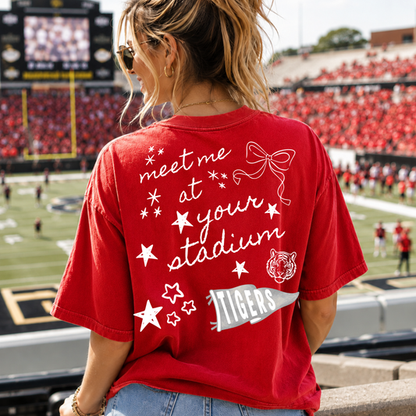 Custom Meet Me at Your Stadium Top mockup showing the back design.