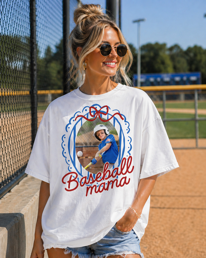 Custom Oval Doodle Photo Frame Baseball Mama Top mockup showing the pictured apparel design.