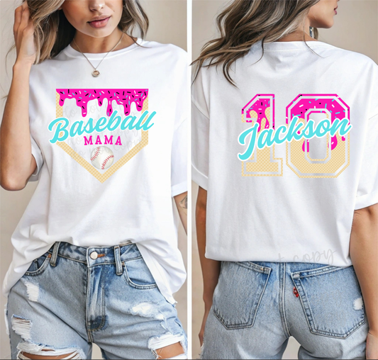 Custom Pink And Teal Baseball Mama Custom Name Top mockup showing the front and back design.