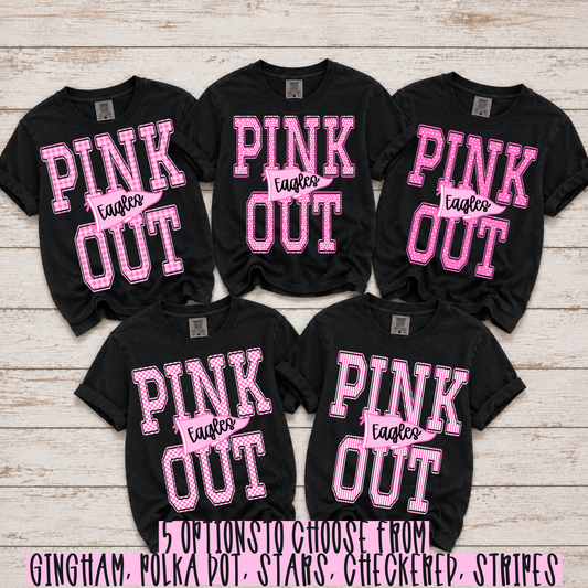 Custom Pink Out Pennant Top mockup showing the pictured apparel design.