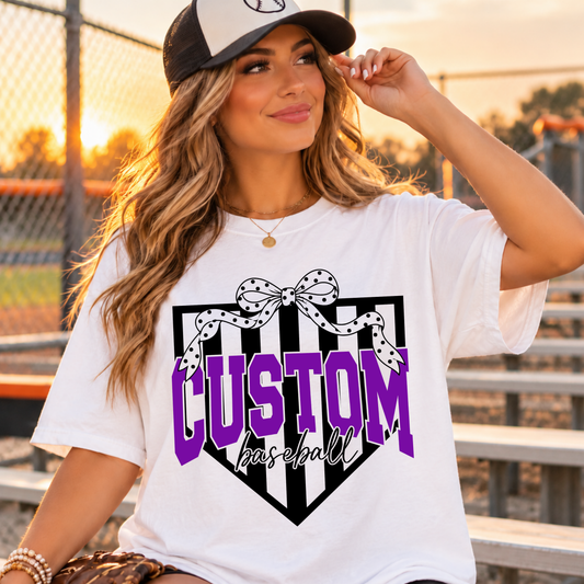 Custom Polka Dot Bow Stripes Baseball Softball Top mockup showing the pictured apparel design.
