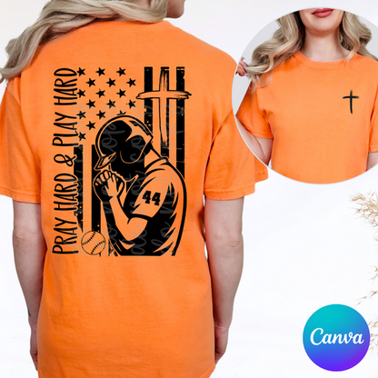Custom Pray Hard And Play Hard Baseball Top mockup showing the front and back design.