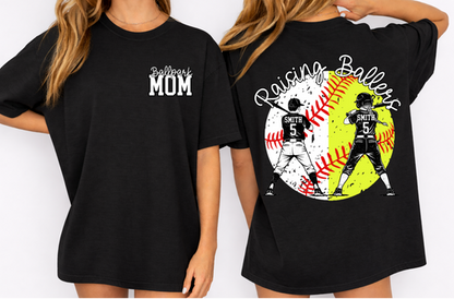 Custom Raising Ballers Ballpark Mom Softball Baseball Top mockup showing the front and back design.