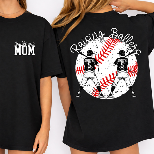 Custom Raising Ballers Baseball Top mockup showing the front and back design.
