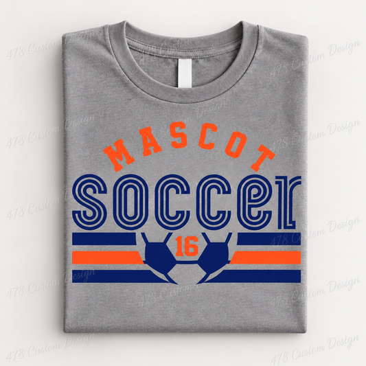 Custom retro soccer mascot and player number on a gray folded shirt, plain studio background