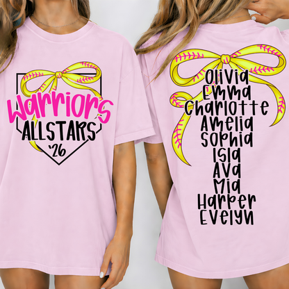 Custom Softball Bow Allstars Top mockup showing the front and back design.