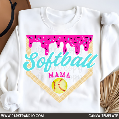 Custom Softball Mama Drip Top mockup showing the pictured apparel design.