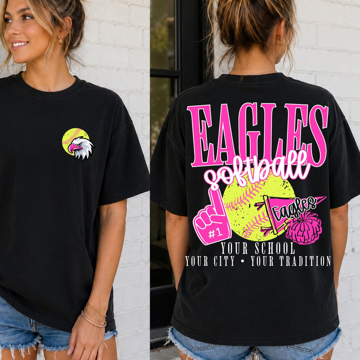 Custom Softball School Spirit Mascot Top mockup showing the front and back design.