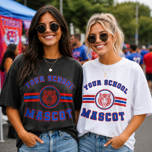 Custom Striped Circle Mascot School Spirit Top mockup showing the pictured apparel design.