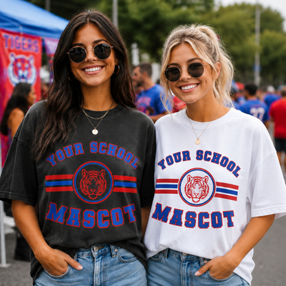 Custom Striped Circle Mascot School Spirit Top mockup showing the pictured apparel design.