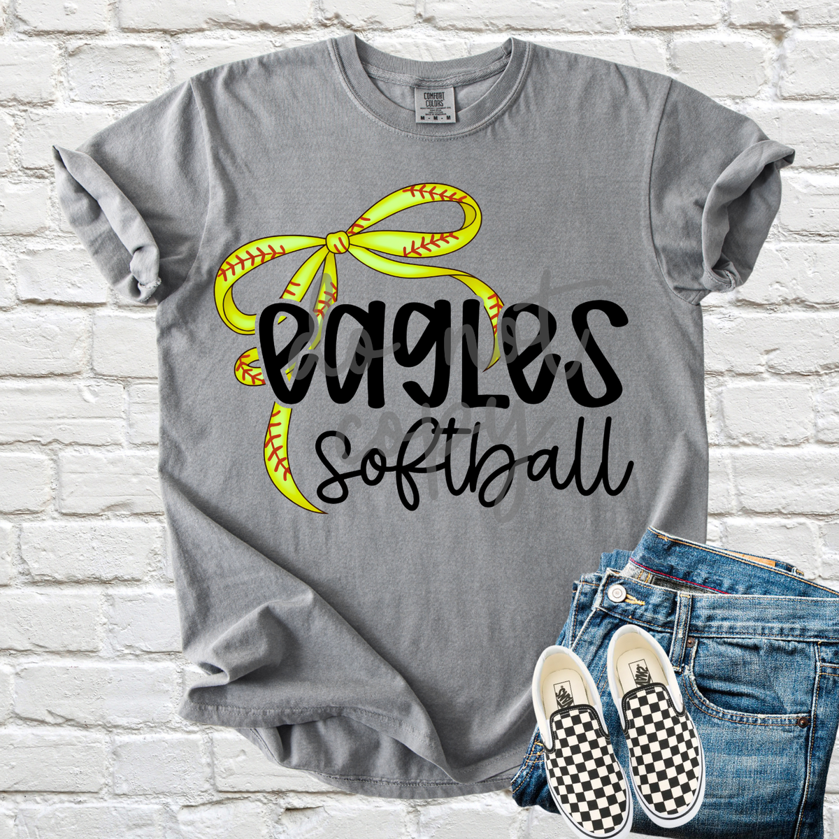 Custom Thin Softball Bow Top mockup showing the pictured apparel design.