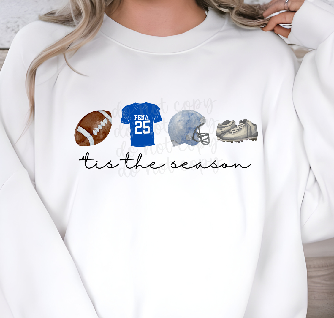 Custom Tis The Season Football Top mockup showing the pictured apparel design.