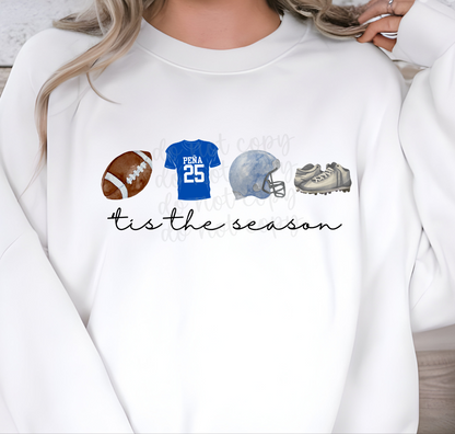 Custom Tis The Season Football Top mockup showing the pictured apparel design.