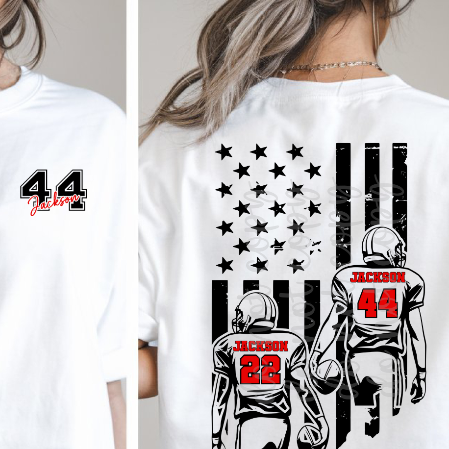 Custom Two-Player Football Flag and Pocket Top mockup showing the front and back design.