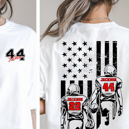 Custom Two-Player Football Flag and Pocket Top mockup showing the front and back design.
