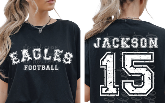 Custom Varsity Distressed Top mockup showing the front and back design.