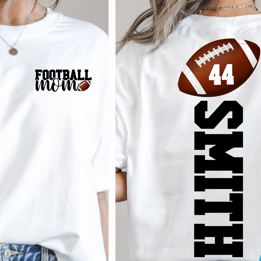 Custom Vertical Football Mom Top mockup showing the chest design and vertical sleeve lettering.