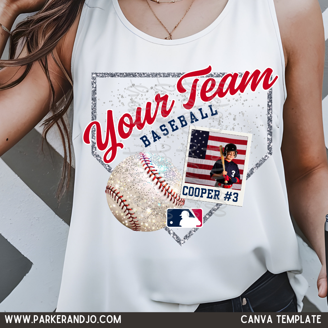 Custom Your Team Baseball Faux Glitter Polaroid Top mockup showing the pictured apparel design.