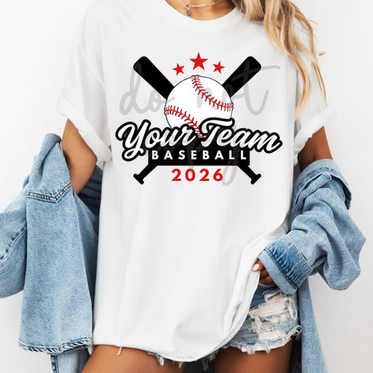 Custom Your Team Baseball Top mockup showing the pictured apparel design.