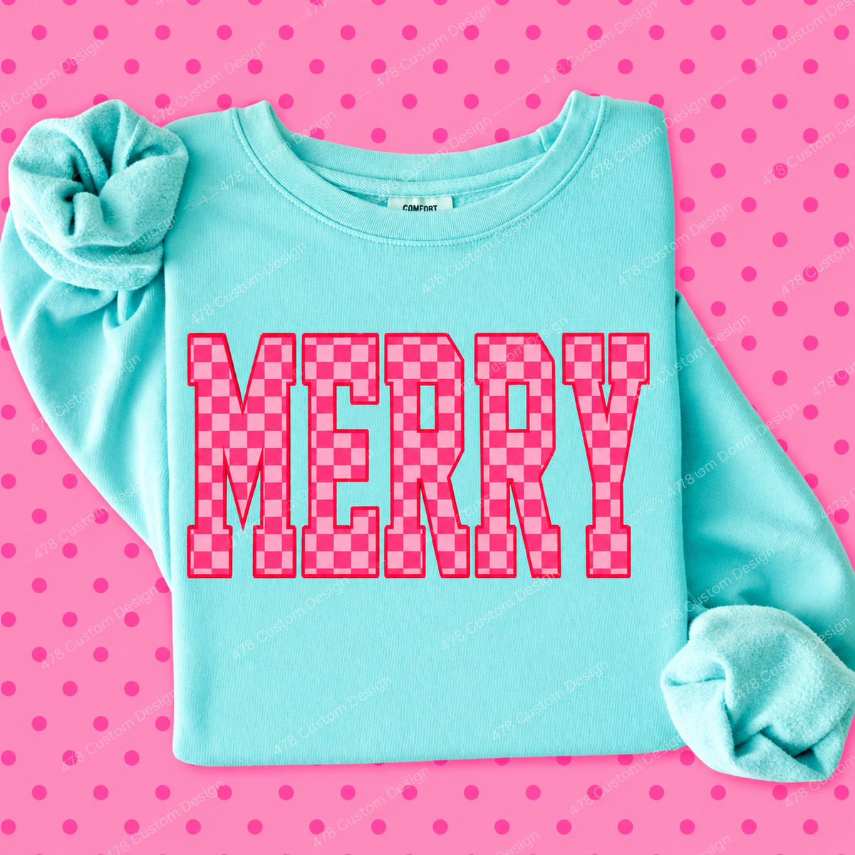 Pink Checkerboard Merry apparel mockup – 478 Custom Design