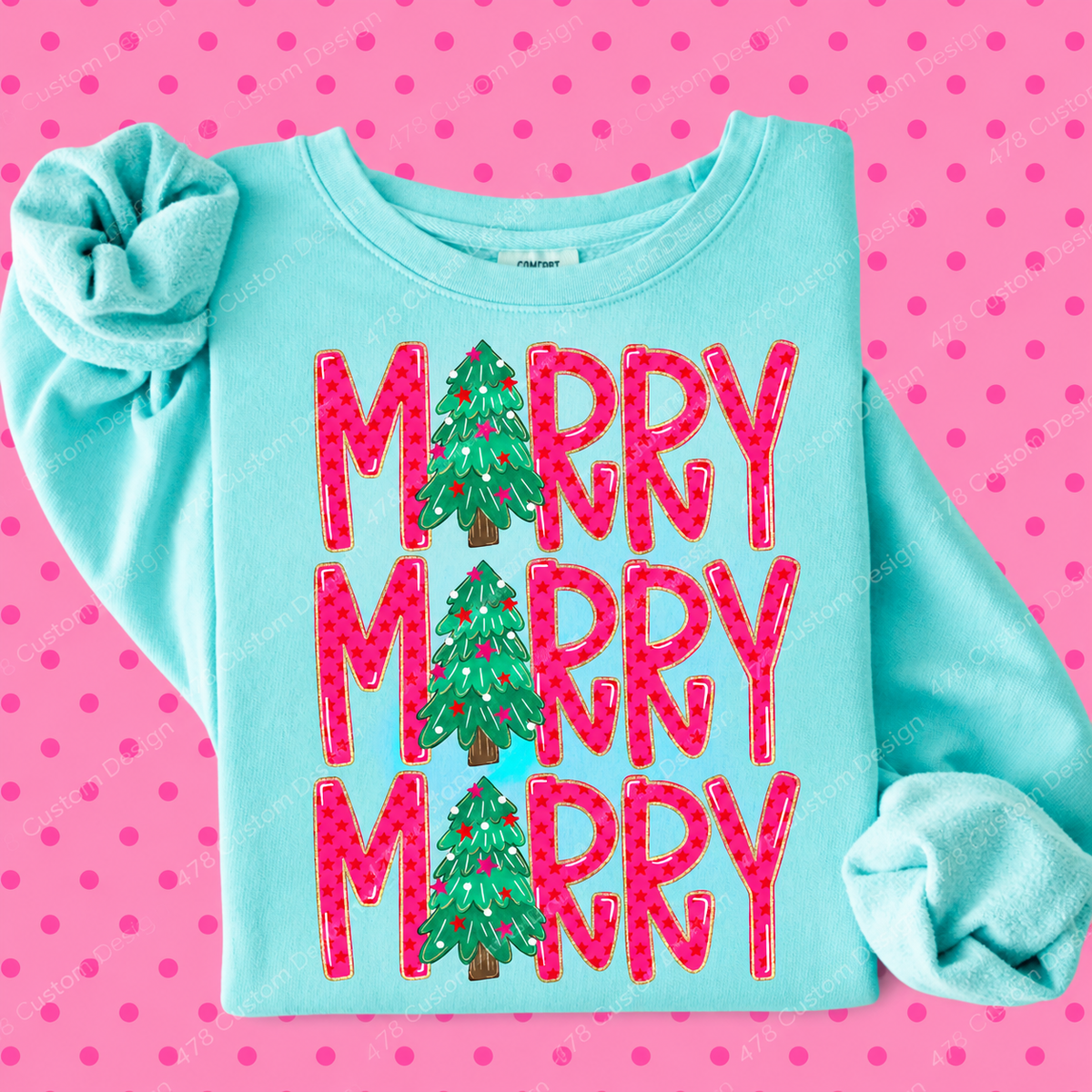 Triple Merry Christmas Trees apparel mockup – 478 Custom Design