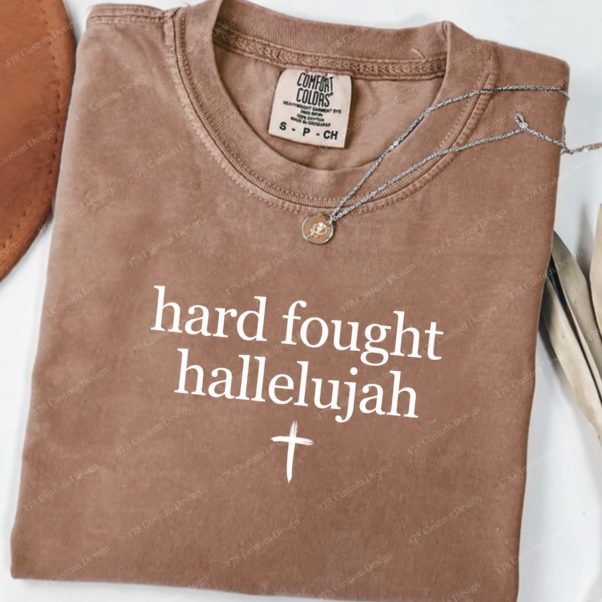 Hard Fought Hallelujah Cross Top apparel mockup — 478 Custom Design