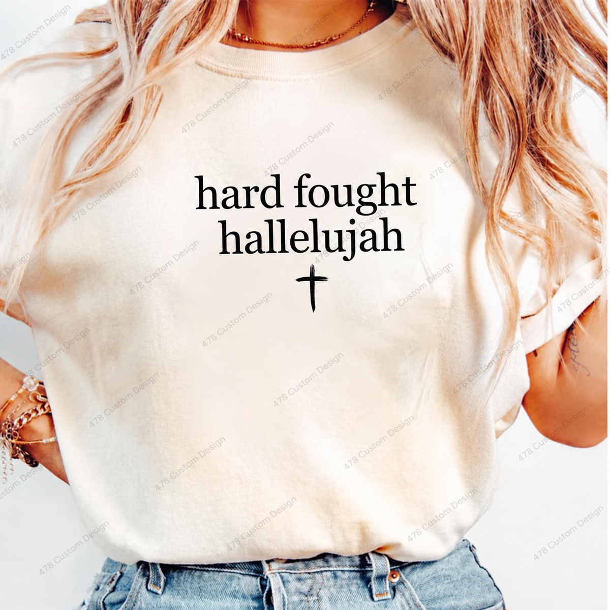 Hard Fought Hallelujah Cross Top apparel mockup — 478 Custom Design