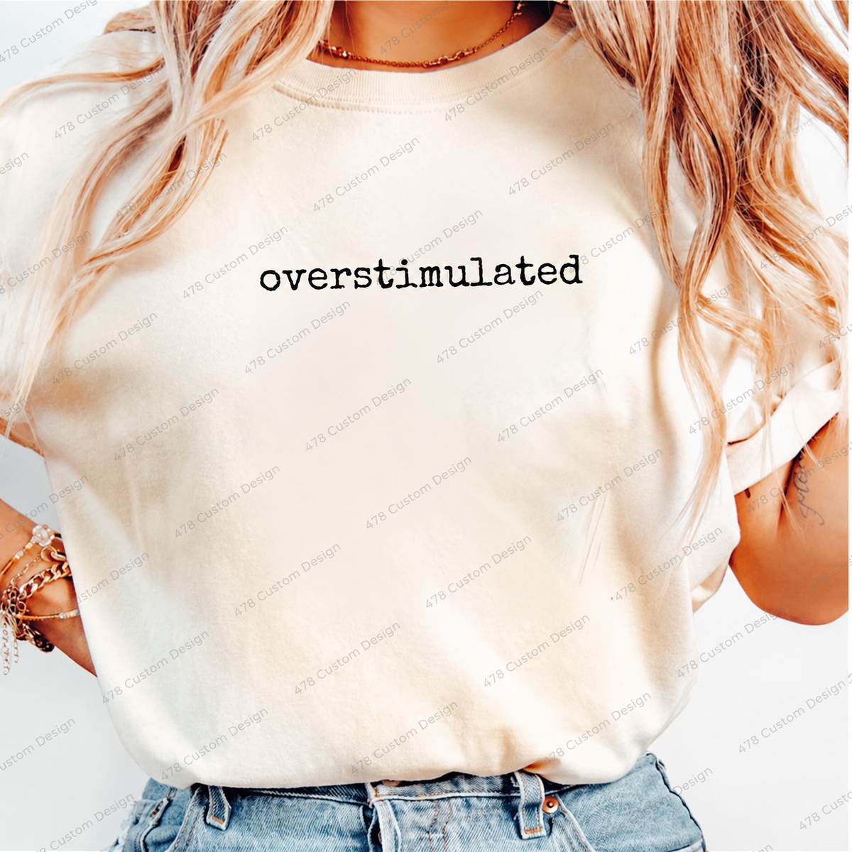 Overstimulated Typewriter Quote Top apparel mockup — 478 Custom Design