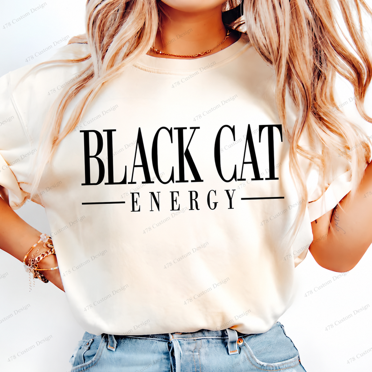 Black Cat Energy Typography Top apparel mockup — 478 Custom Design