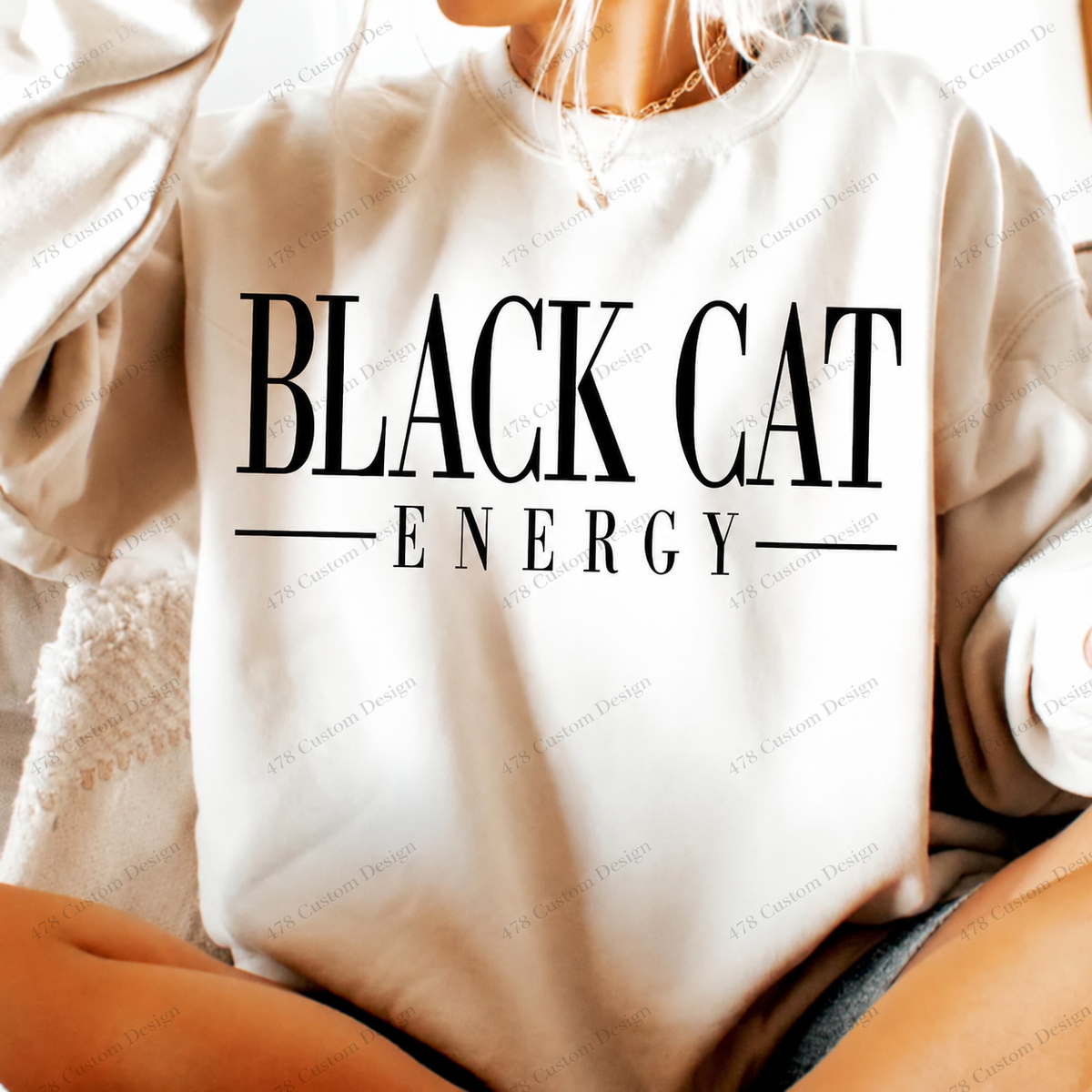 Black Cat Energy Typography Top apparel mockup — 478 Custom Design