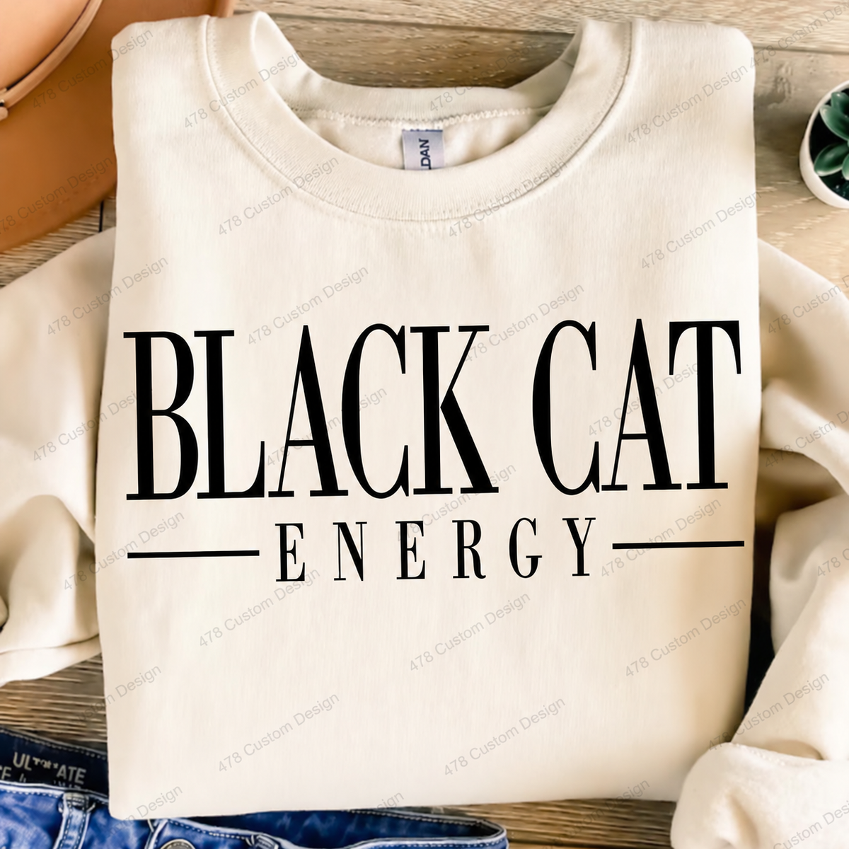 Black Cat Energy Typography Top apparel mockup — 478 Custom Design