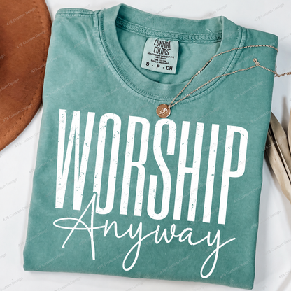 Worship Anyway Distressed Faith Top apparel mockup — 478 Custom Design
