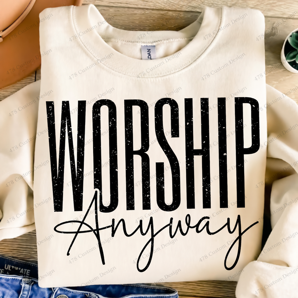 Worship Anyway Distressed Faith Top apparel mockup — 478 Custom Design