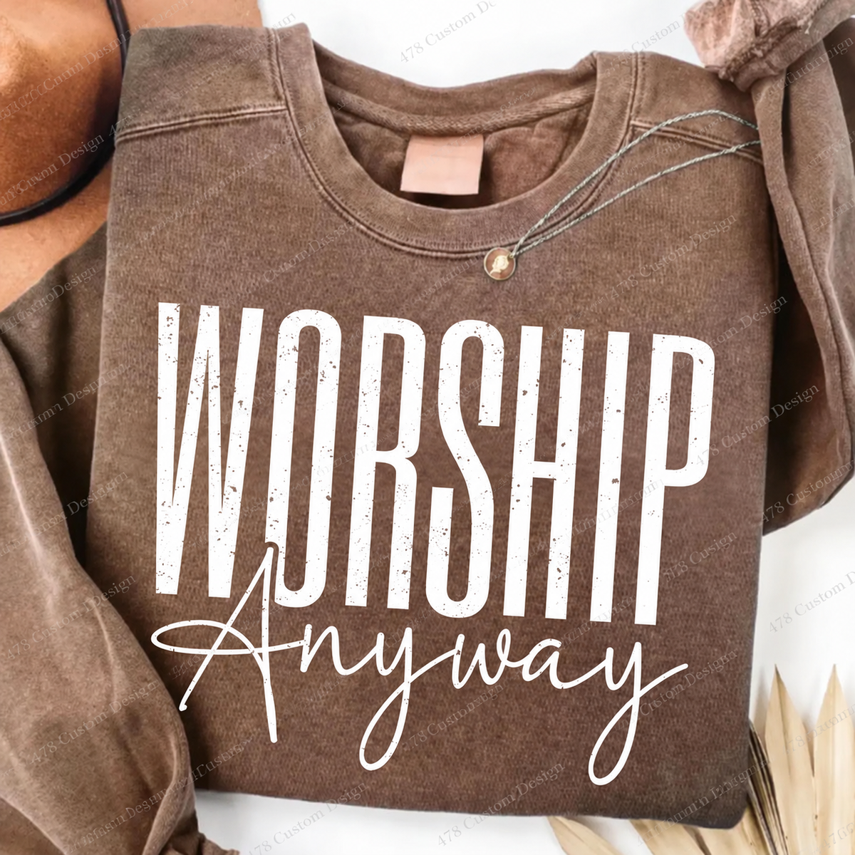 Worship Anyway Distressed Faith Top apparel mockup — 478 Custom Design