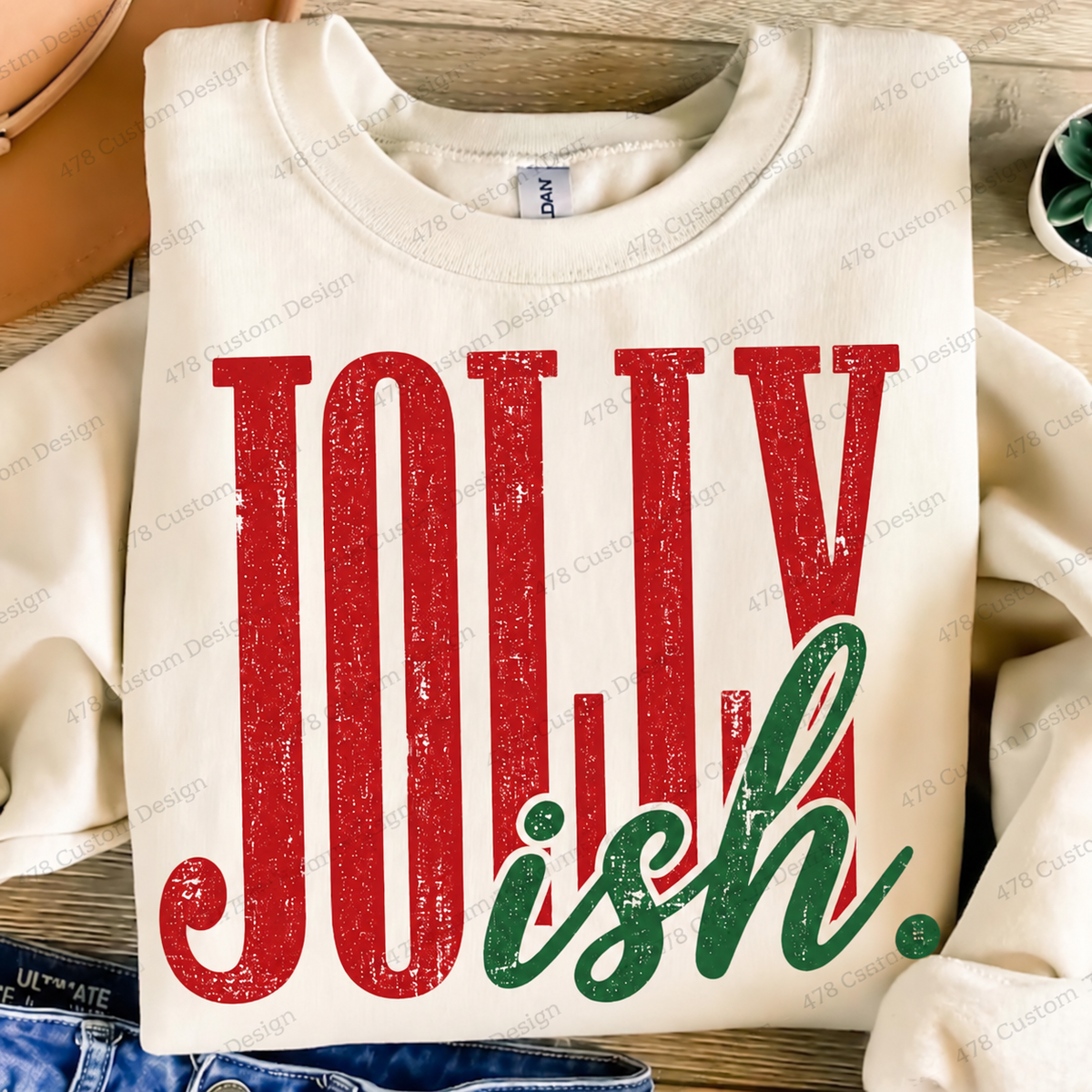 Jolly-ish Distressed Christmas Top apparel mockup — 478 Custom Design