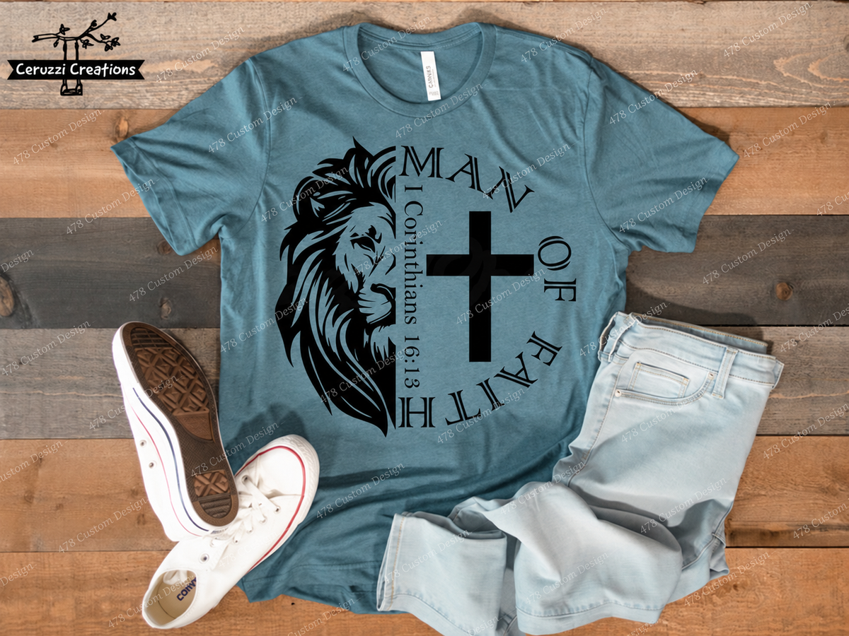 Man of Faith Lion and Cross Top apparel mockup — 478 Custom Design