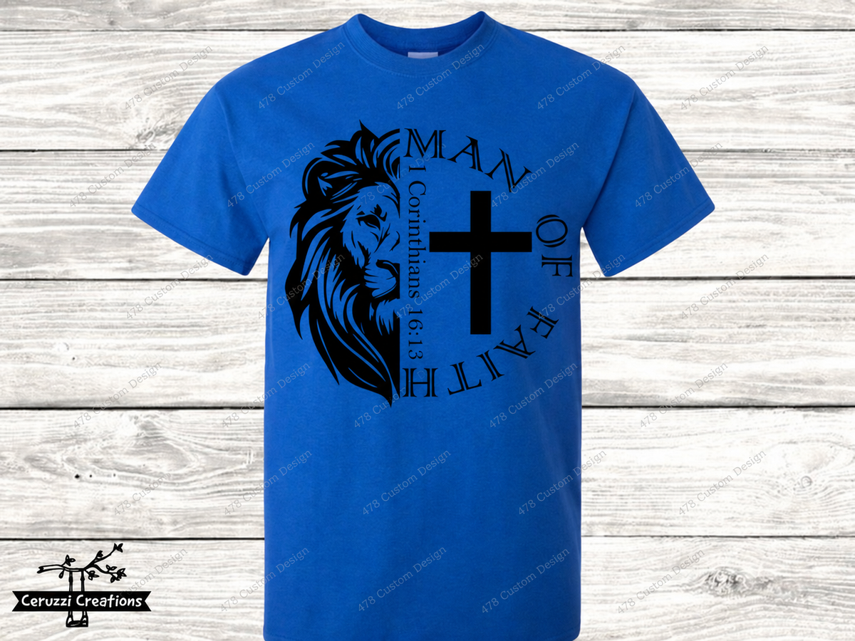 Man of Faith Lion and Cross Top apparel mockup — 478 Custom Design