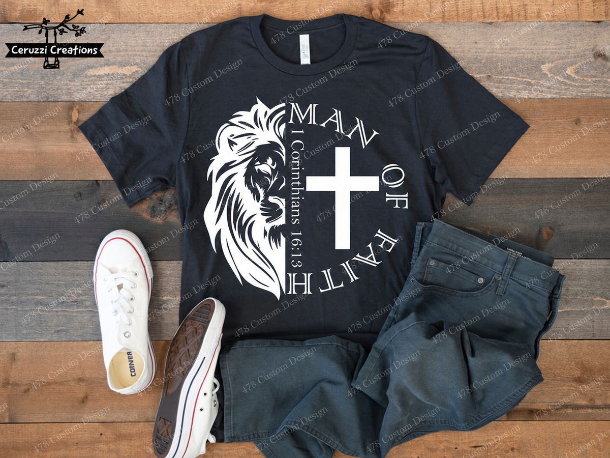 Man of Faith Lion and Cross Top apparel mockup — 478 Custom Design
