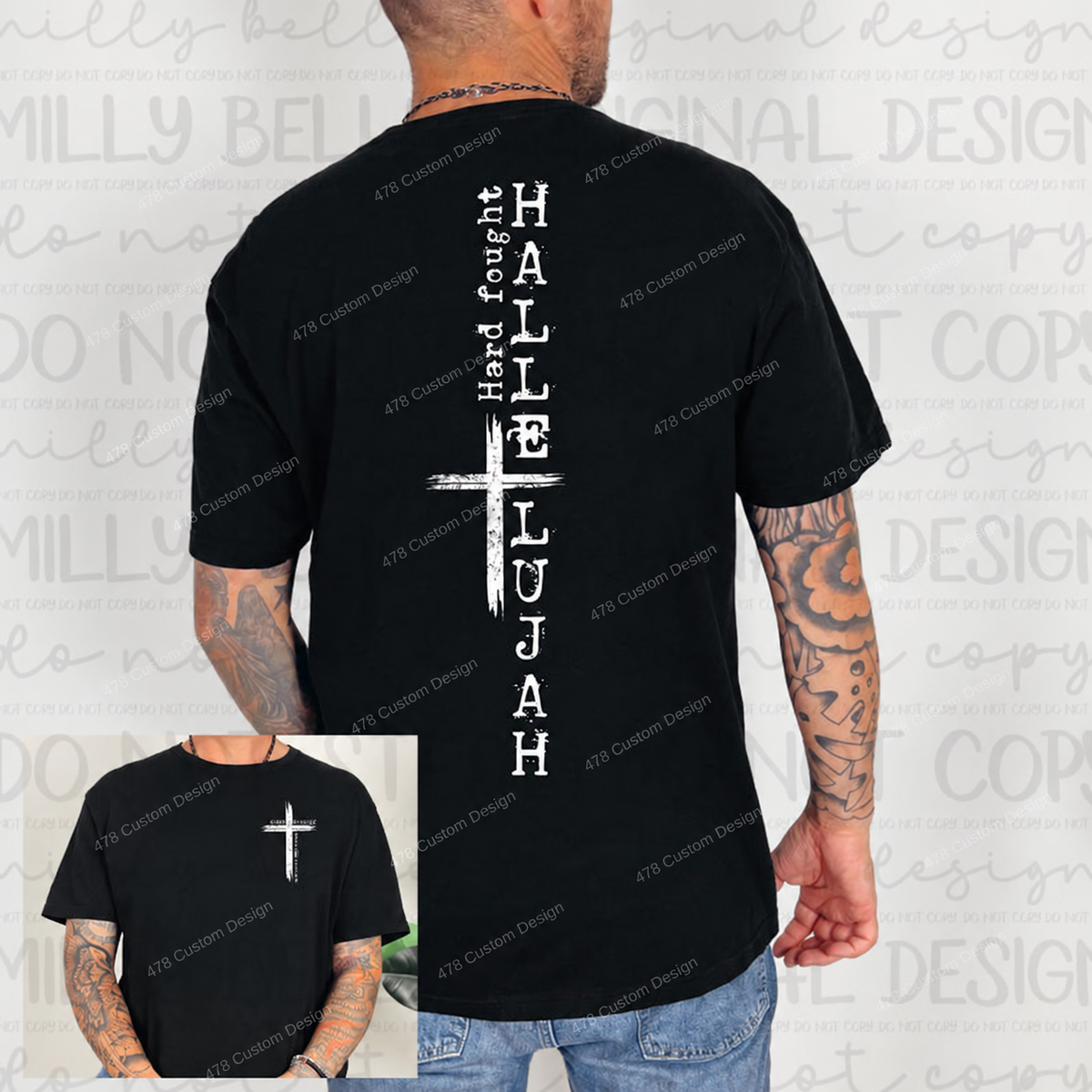Hard Fought Hallelujah Cross Front and Back Top apparel mockup — 478 Custom Design